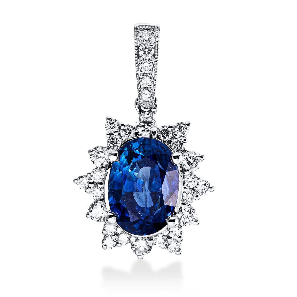 diamond full cut sapphire colored stone classic pendant in white gold