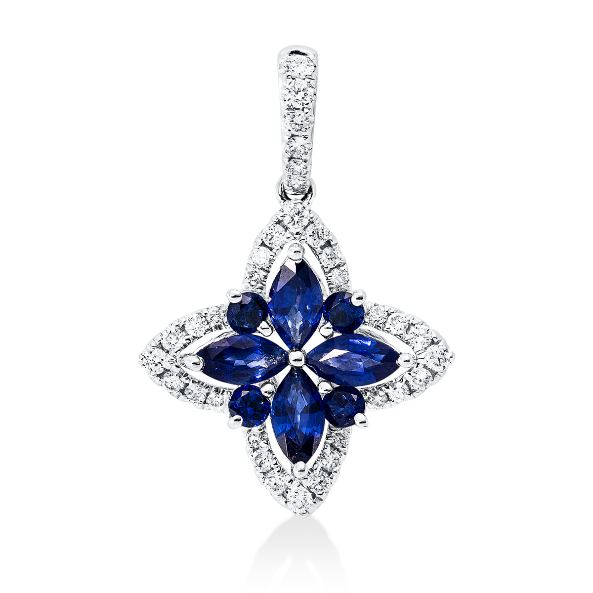 diamond full cut sapphire colored stone classic pendant in white gold