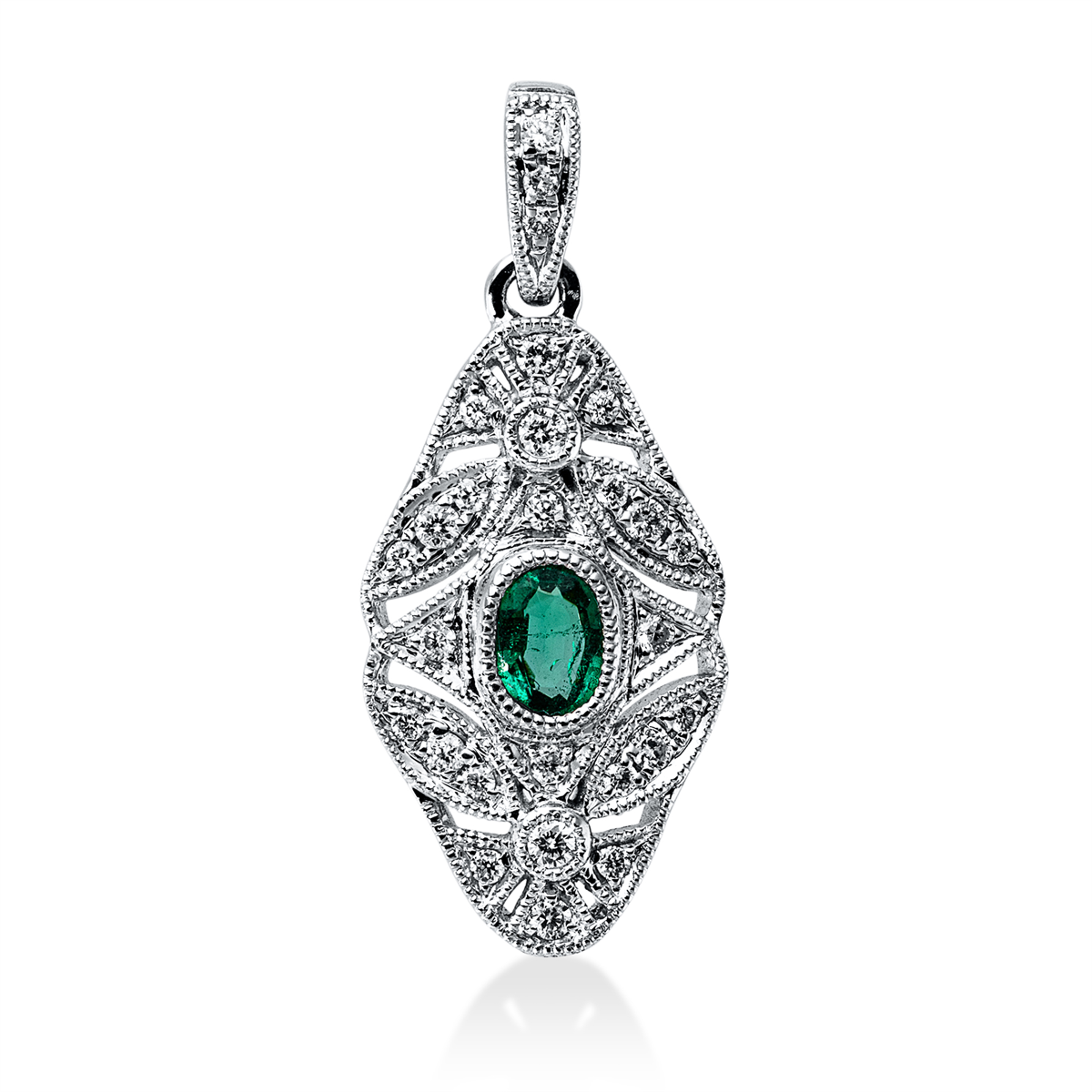 diamond full cut emerald colored stone classic pendant in white gold