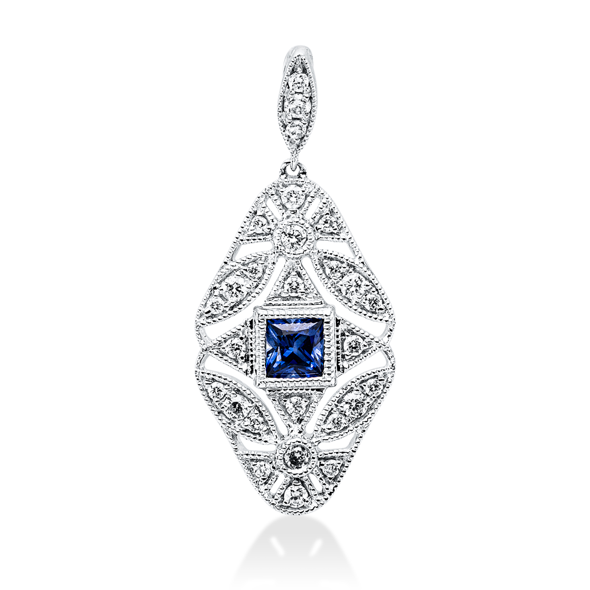 diamond full cut sapphire colored stone classic pendant in white gold