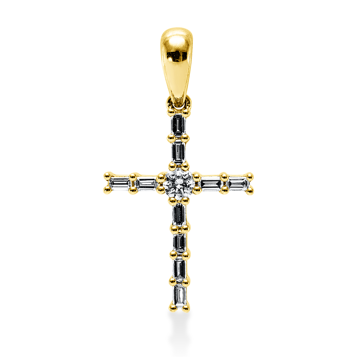 baguette cross pendant in yellow gold