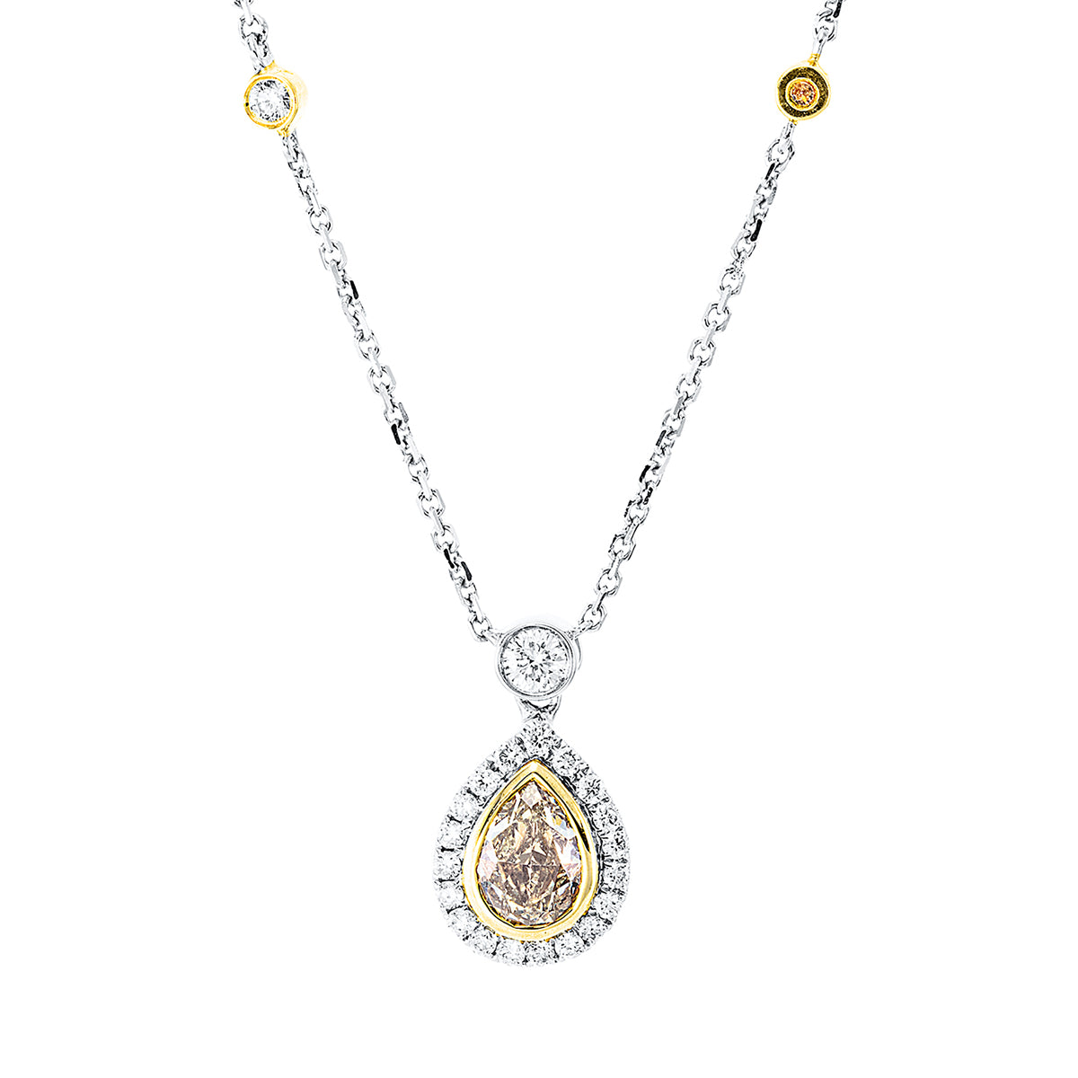 diamond full cut fancy colored diamond necklace in white gold / yellow gold