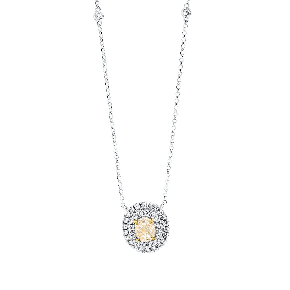 diamond full cut fancy colored diamond necklace in white gold / yellow gold