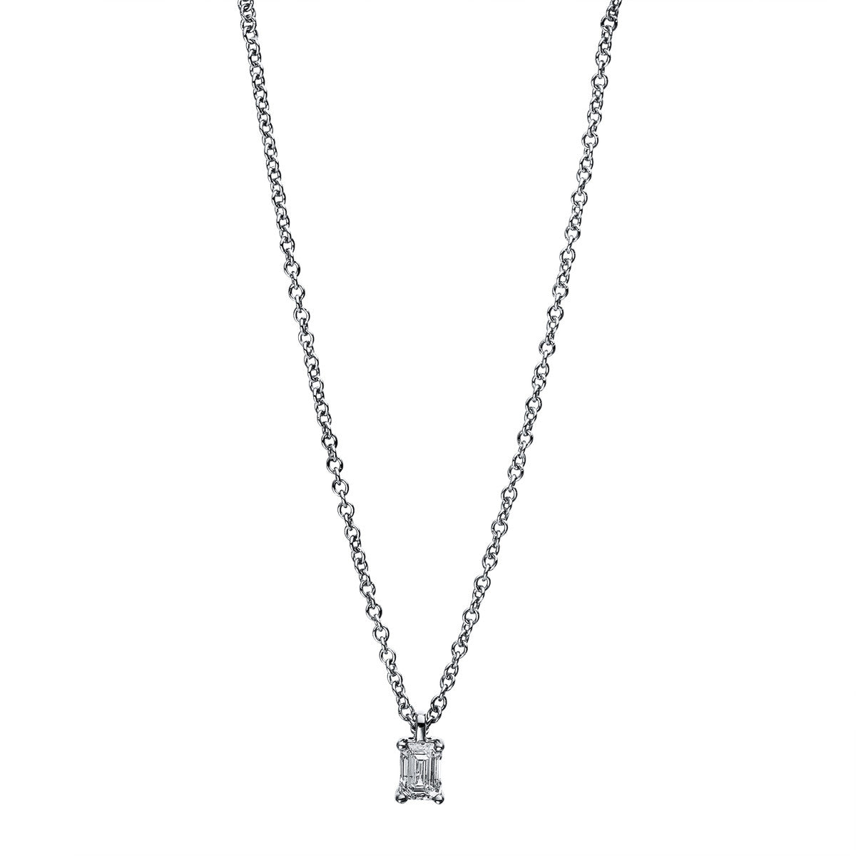 emerald cut solitaire necklace in white gold