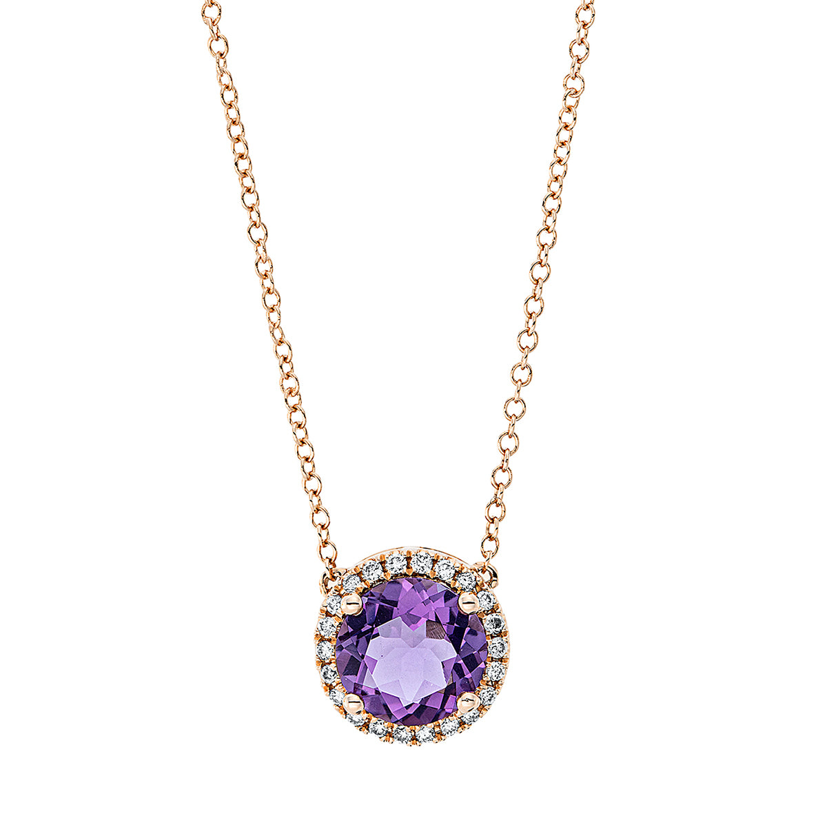 diamond full cut amethyst colored stone fashion necklace in red gold