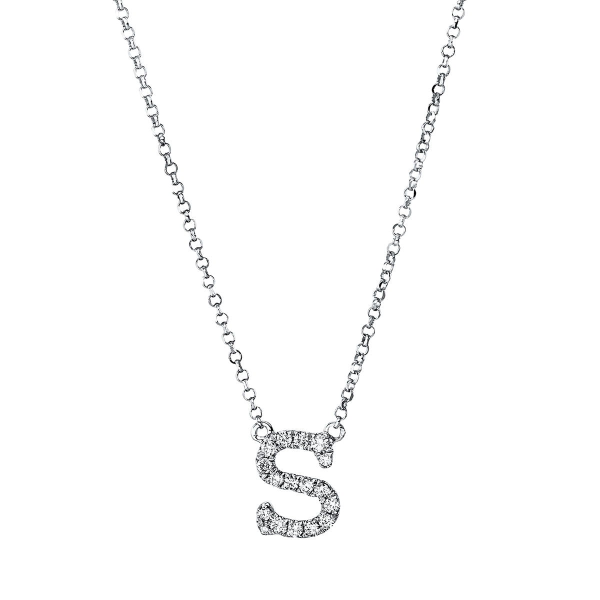 diamond full cut letter necklace in white gold