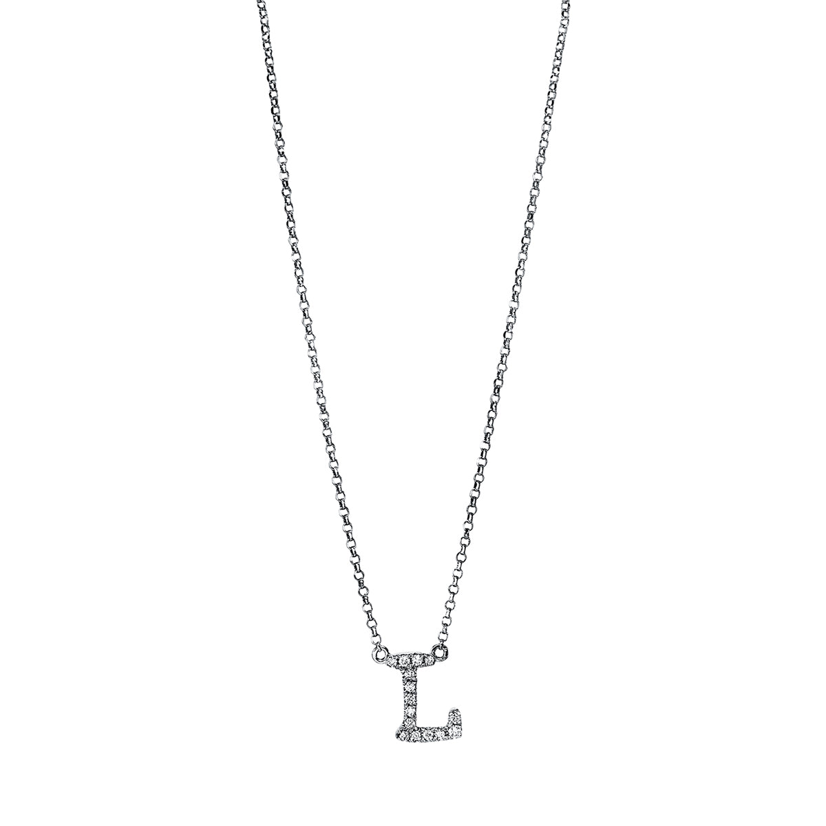 diamond full cut letter necklace in white gold
