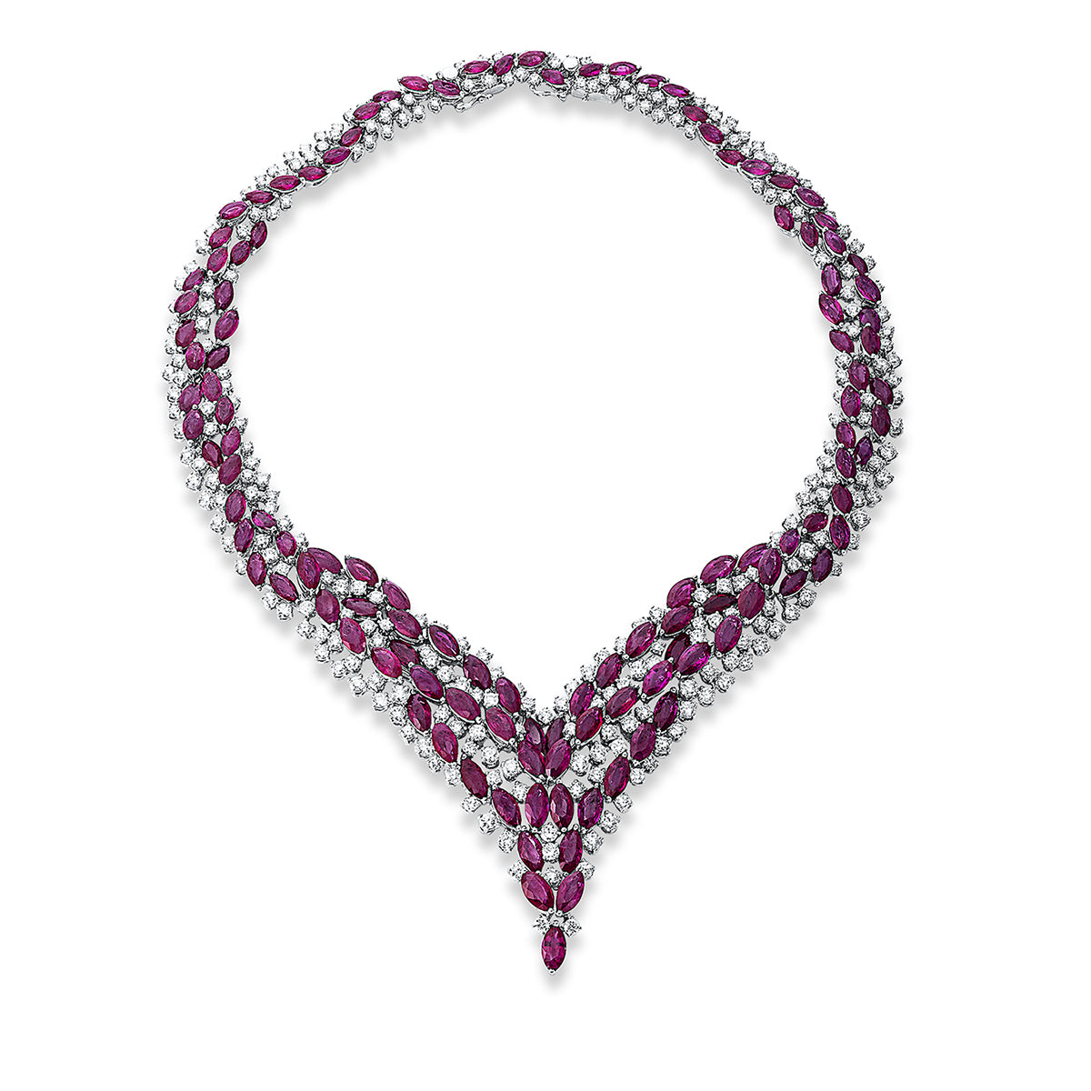diamond full cut ruby colored stone classic necklace in white gold