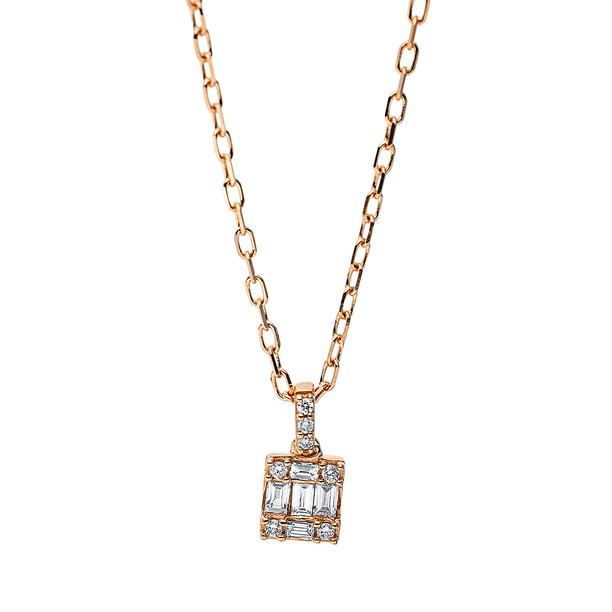 diamond full cut baguette illusion necklace in red gold
