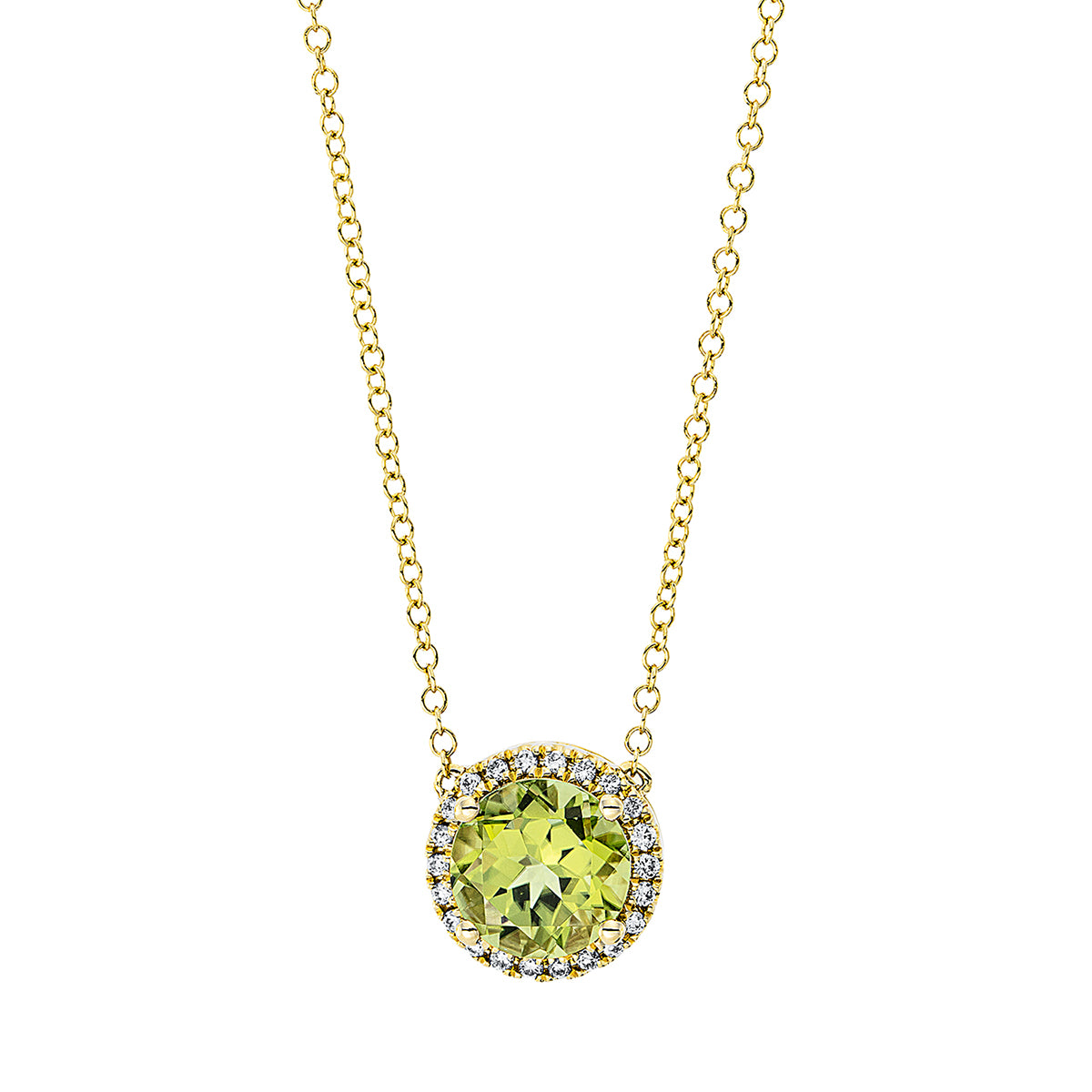 diamond full cut peridot colored stone fashion necklace in yellow gold