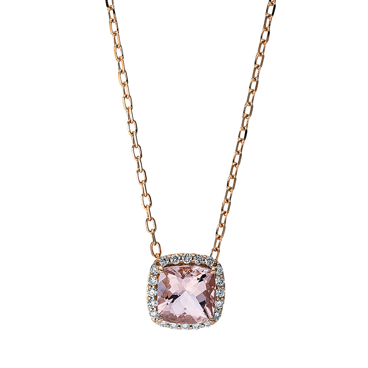 diamond full cut morganite colored stone fashion necklace in red gold