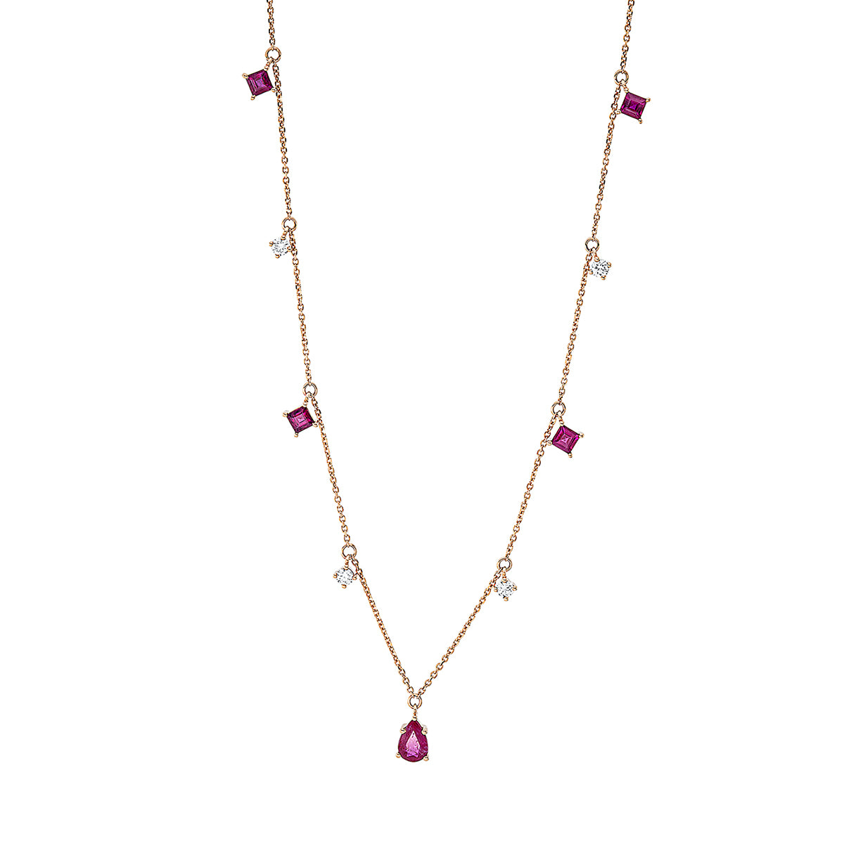 diamond full cut ruby colored stone classic necklace in red gold