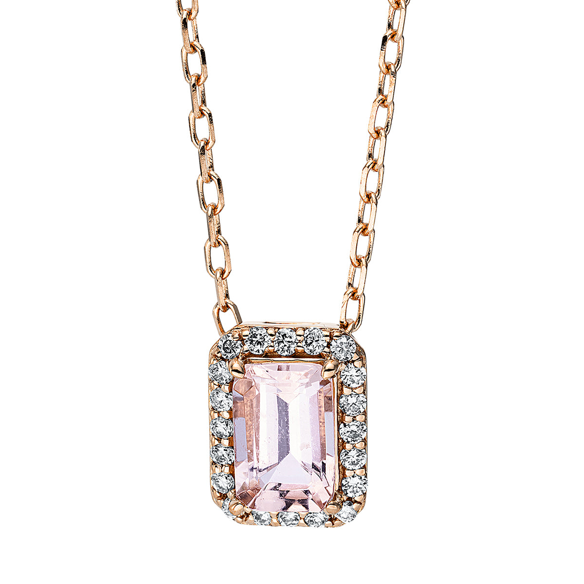 diamond full cut morganite colored stone fashion necklace in red gold