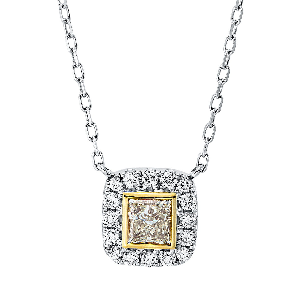 diamond full cut fancy colored diamond necklace in white gold / yellow gold