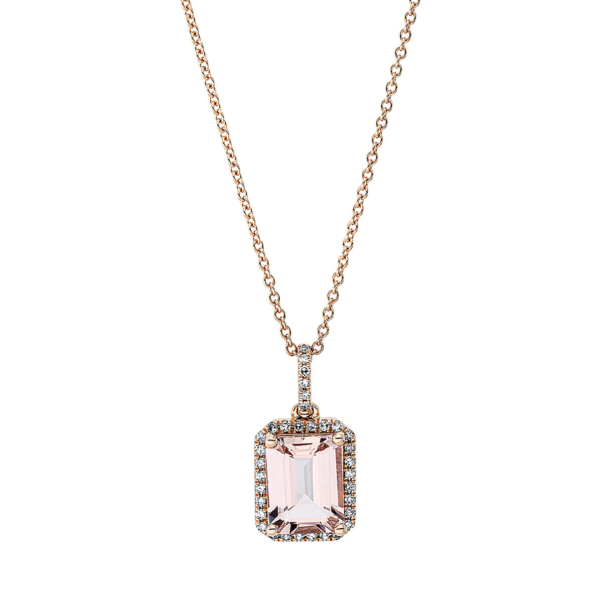 diamond single cut morganite colored stone fashion necklace in red gold