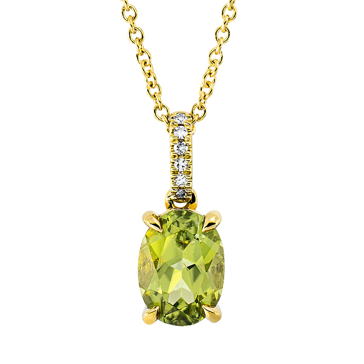 diamond single cut peridot colored stone fashion necklace in yellow gold