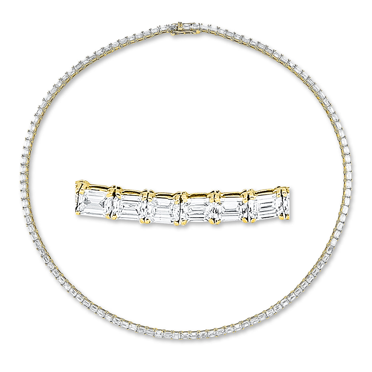 emerald cut baguette necklace in yellow gold