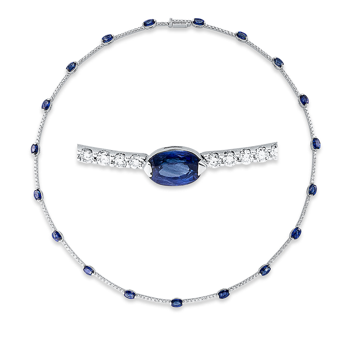diamond full cut sapphire colored stone classic necklace in white gold