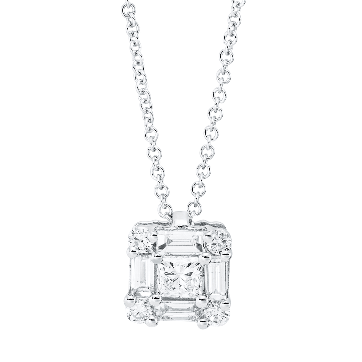 diamond full cut baguette illusion necklace in white gold