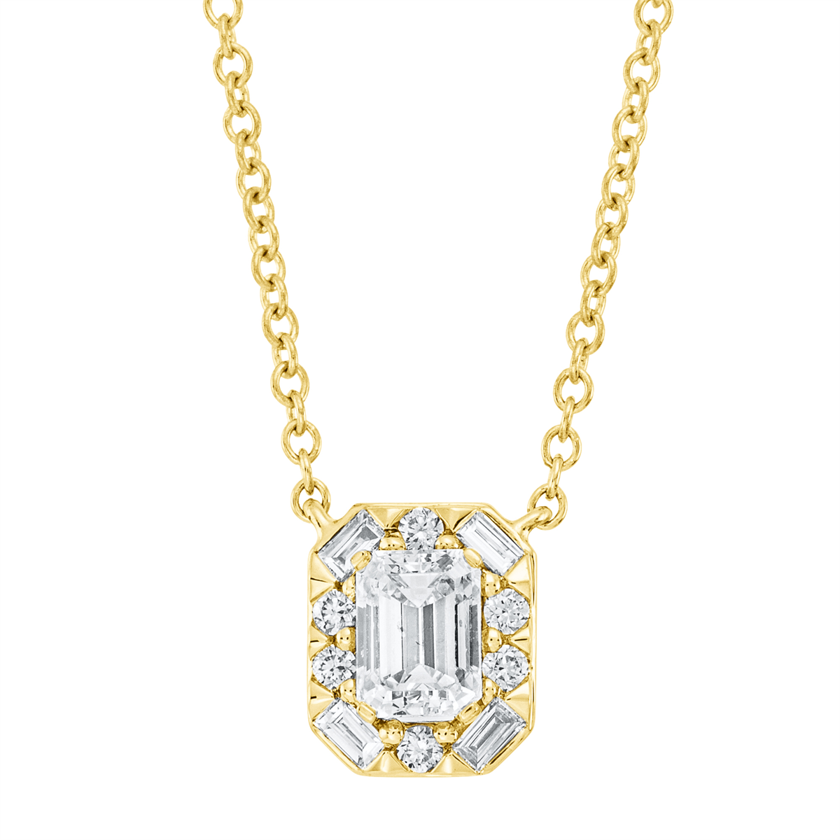 diamond full cut solitaire with accent stones necklace in yellow gold