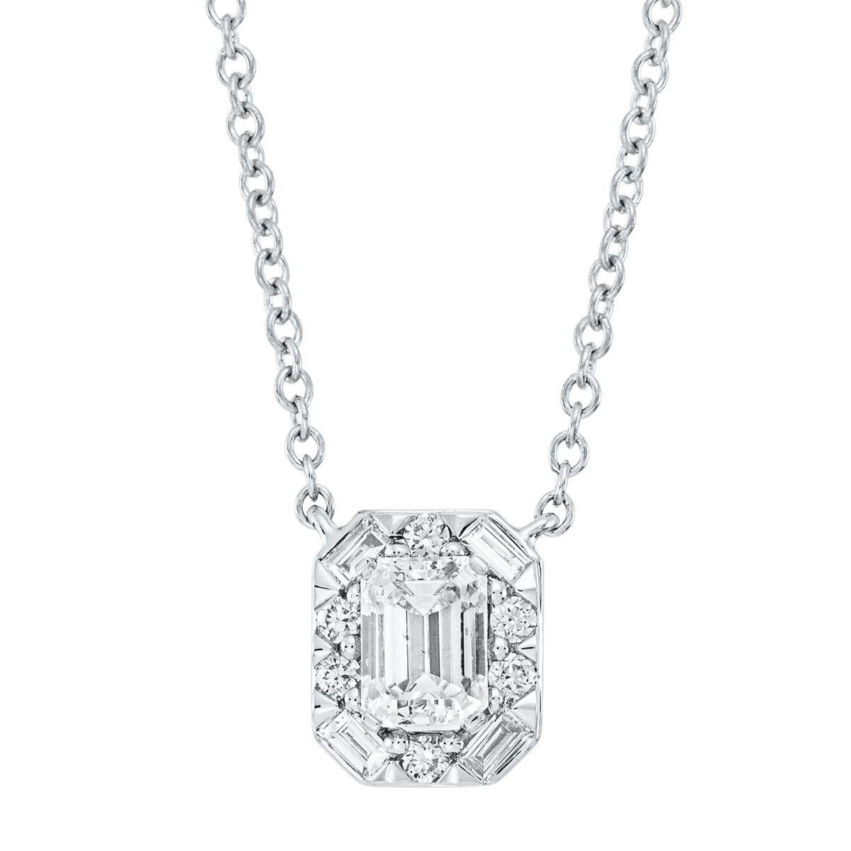 diamond full cut solitaire with accent stones necklace in white gold