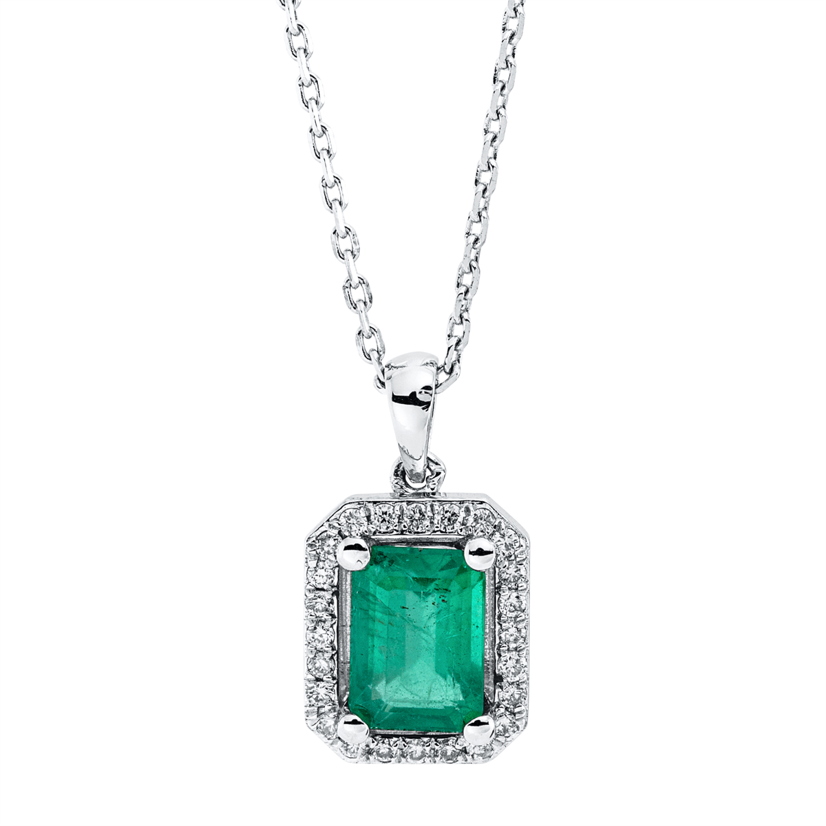 diamond full cut emerald colored stone classic necklace in white gold