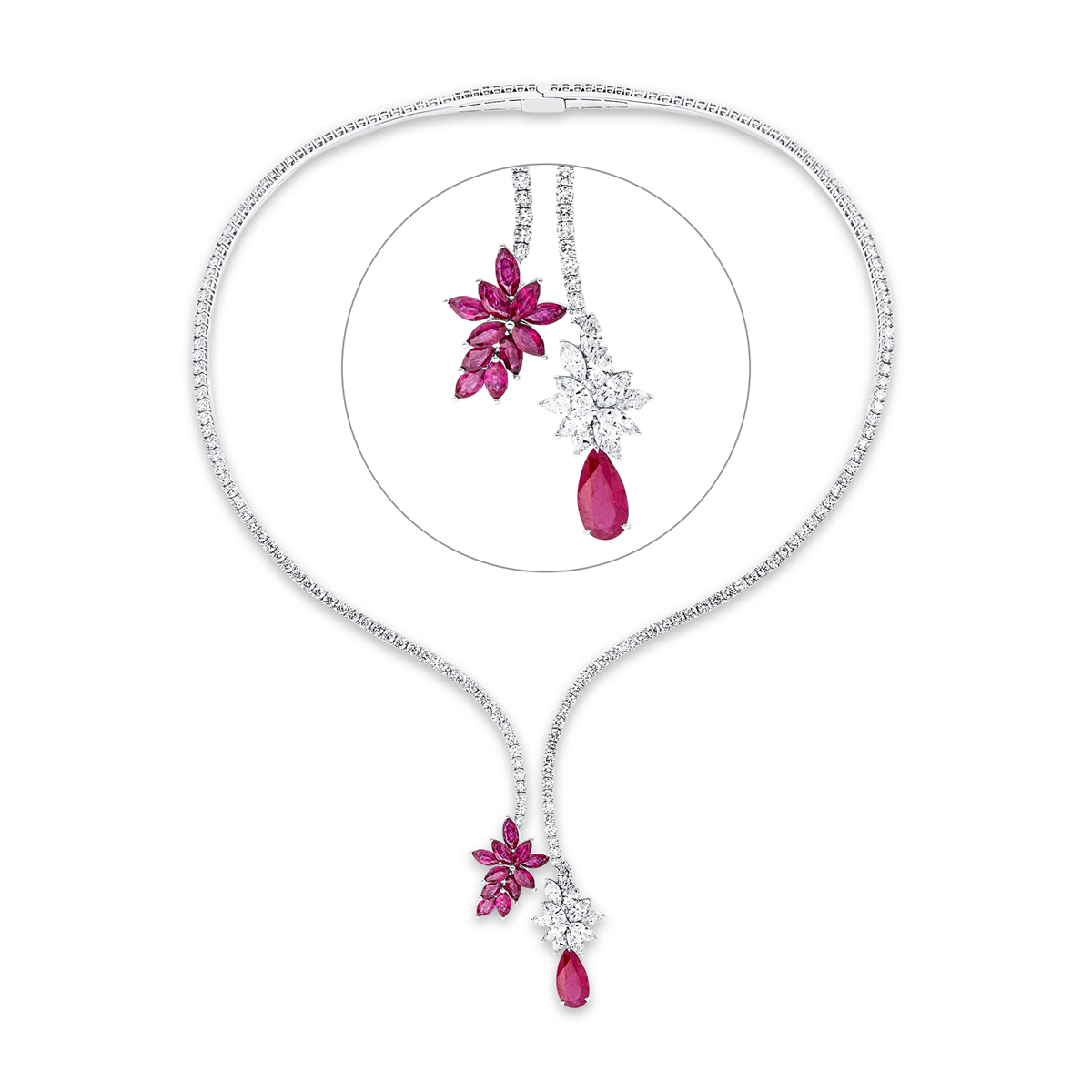 diamond full cut ruby colored stone classic necklace in white gold
