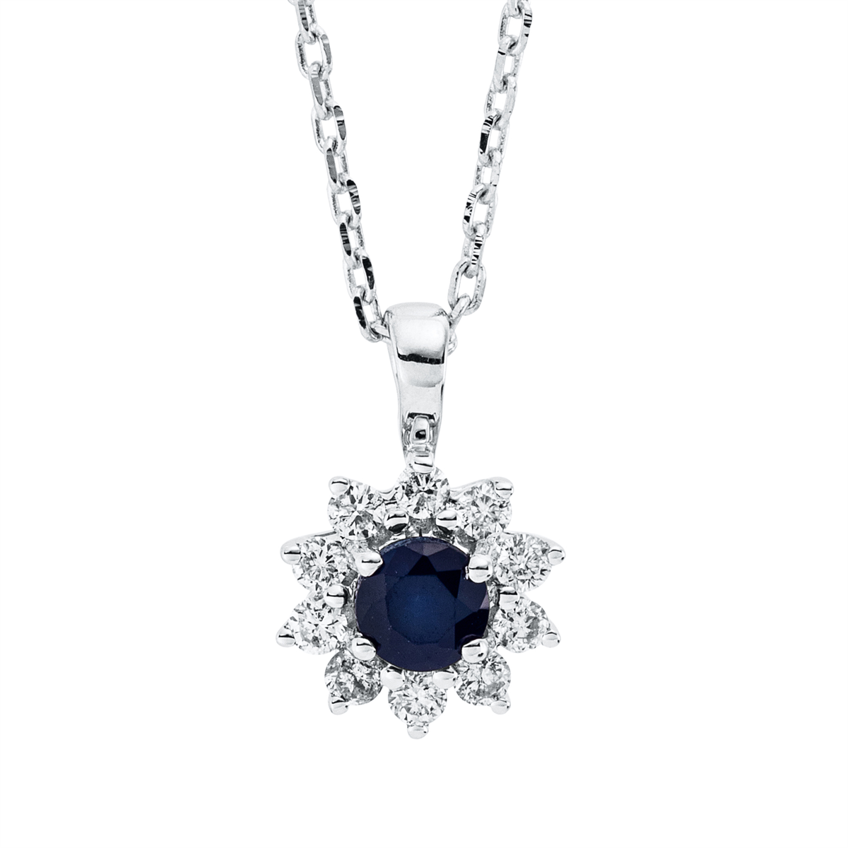 diamond full cut sapphire colored stone classic necklace in white gold