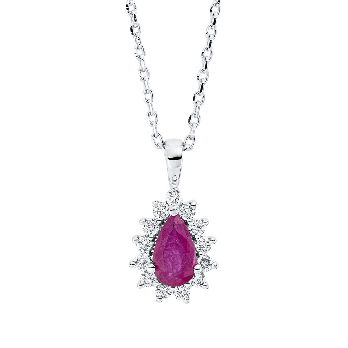 diamond full cut ruby colored stone classic necklace in white gold