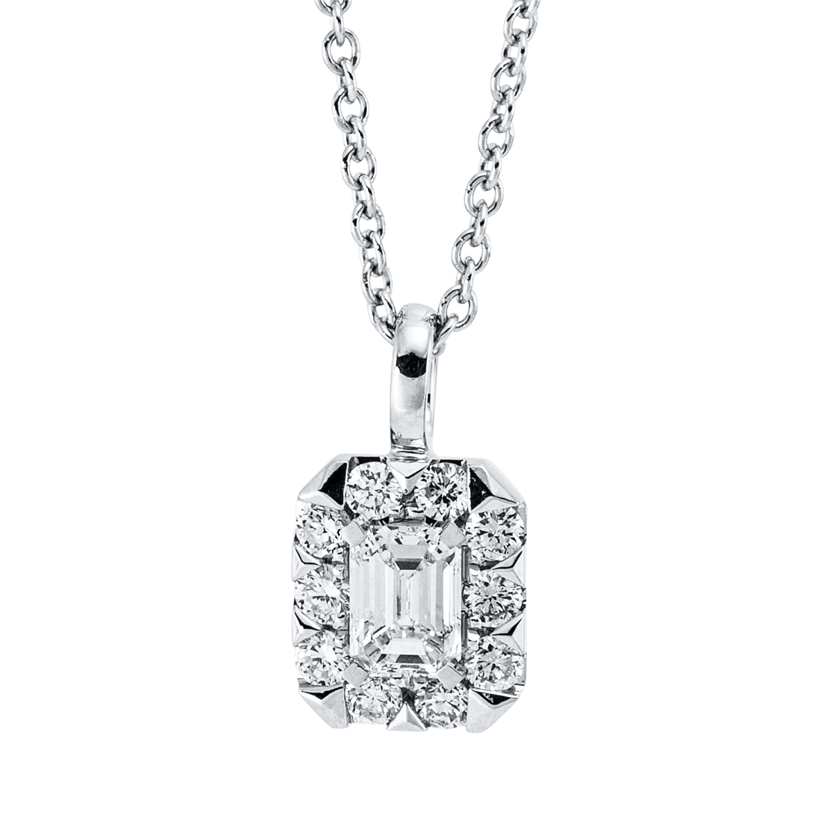 diamond full cut solitaire with accent stones necklace in white gold