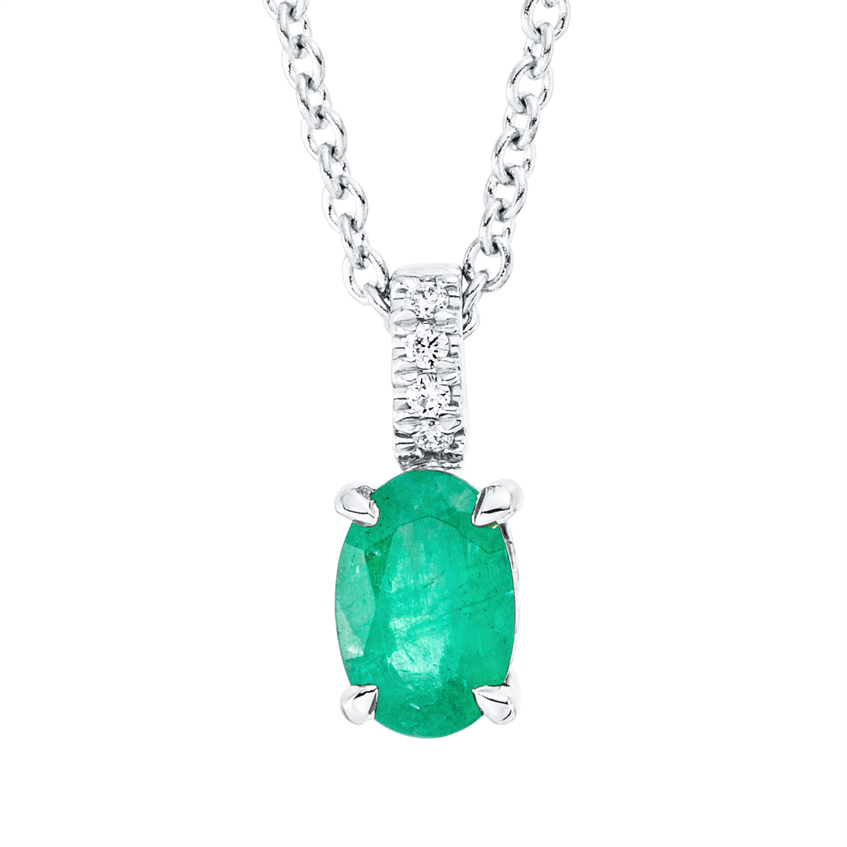 diamond full cut emerald colored stone classic necklace in white gold