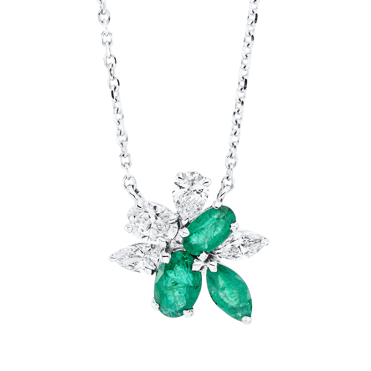 fantasy-cut emerald colored stone classic necklace in white gold