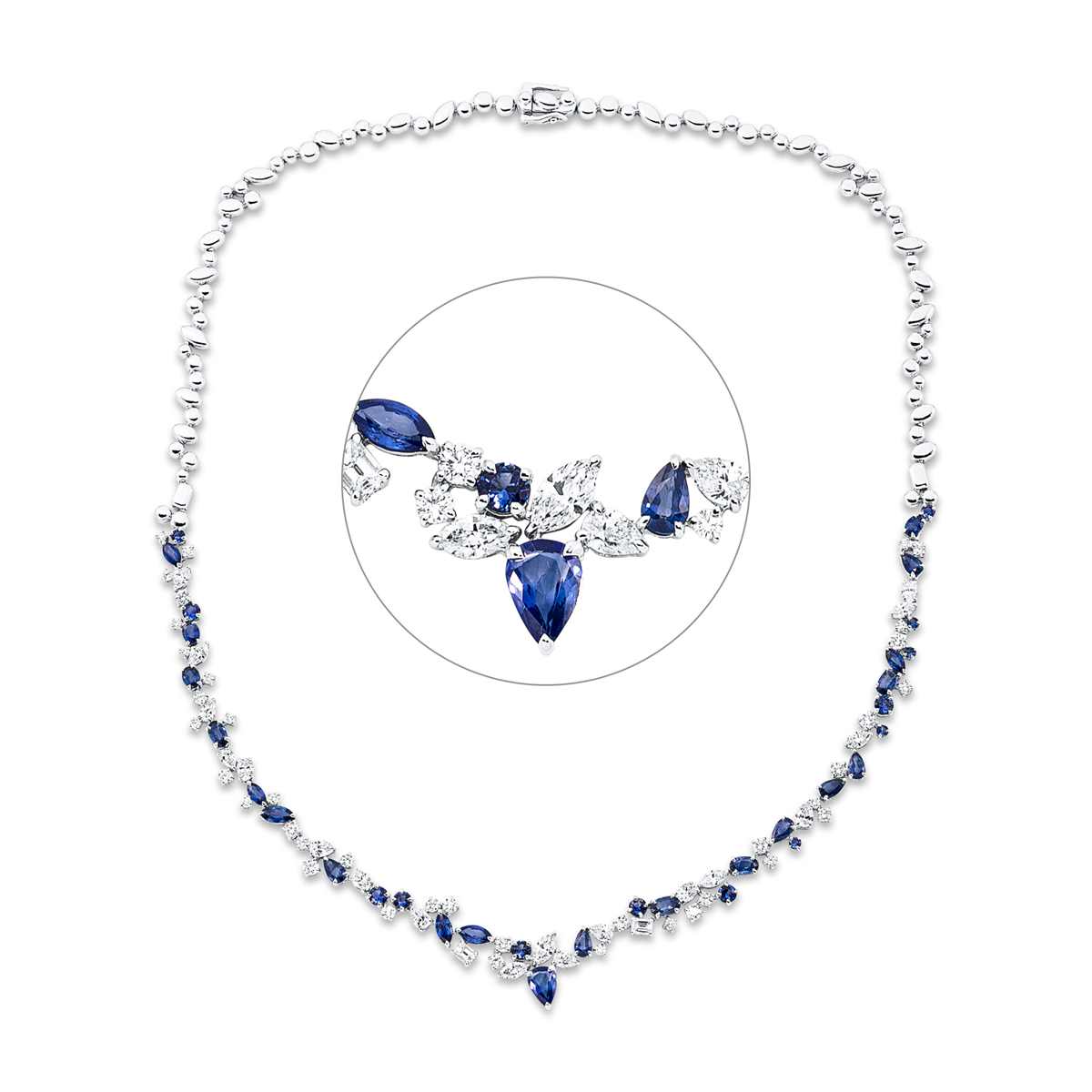 fantasy-cut sapphire colored stone classic necklace in white gold