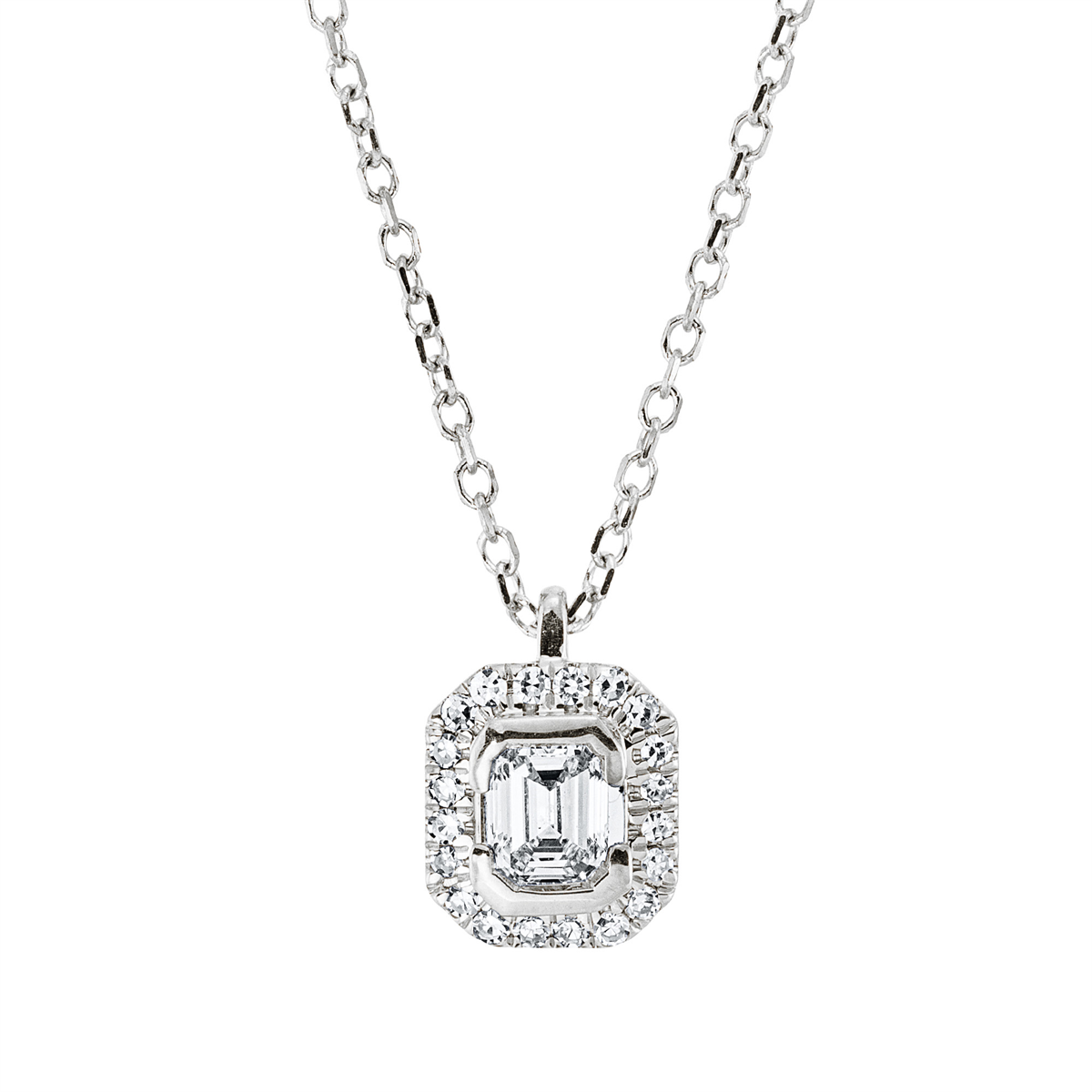 diamond single cut baguette illusion necklace in white gold