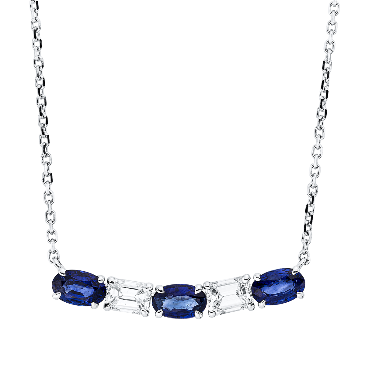 emerald cut sapphire colored stone classic necklace in white gold