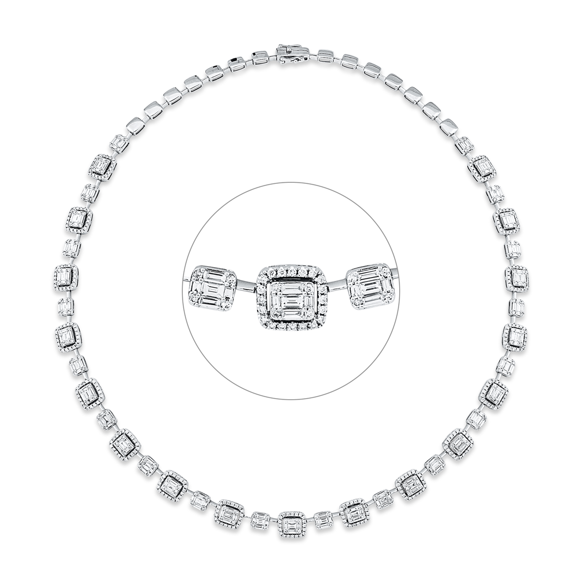 diamond full cut baguette illusion necklace in white gold