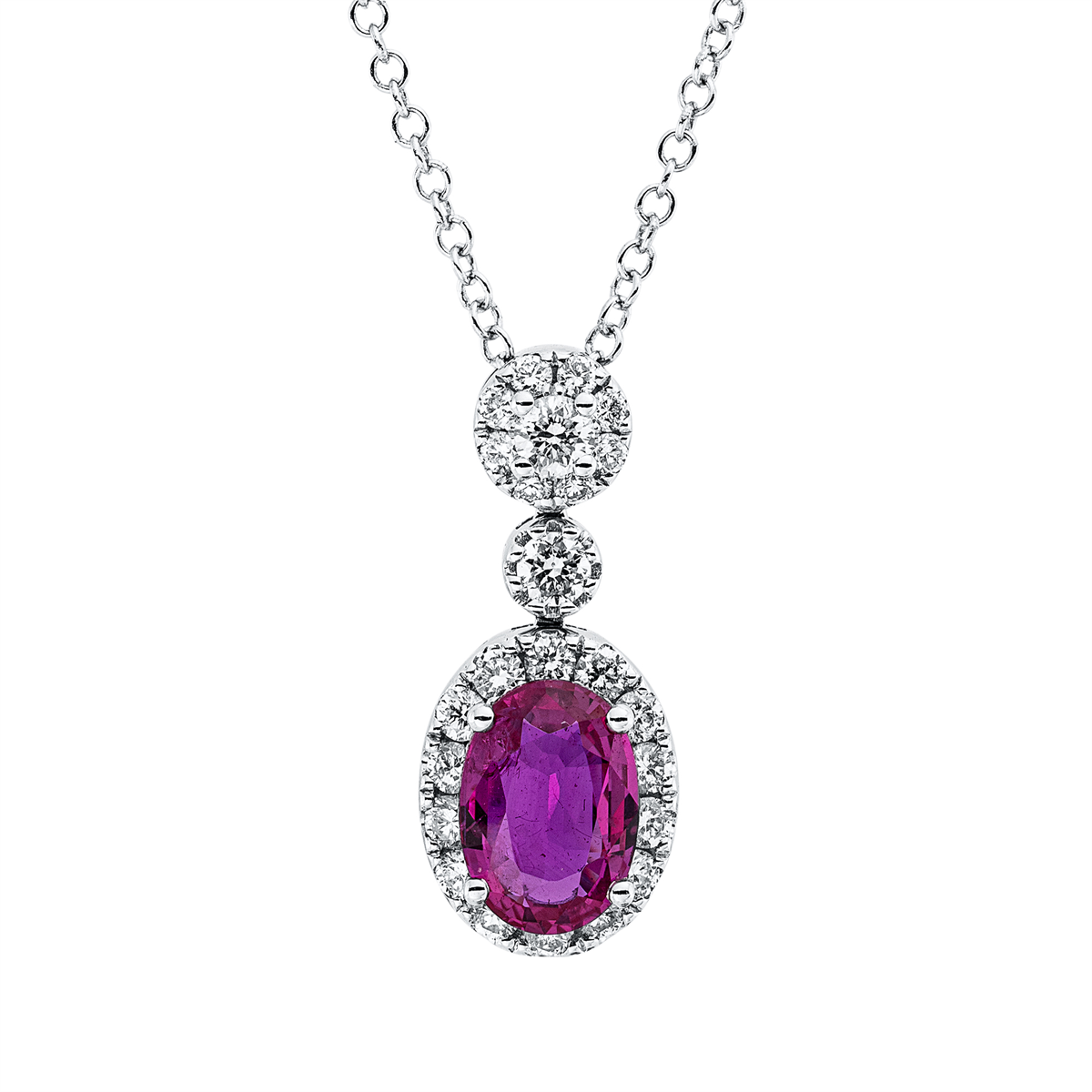 diamond full cut ruby colored stone classic necklace in white gold