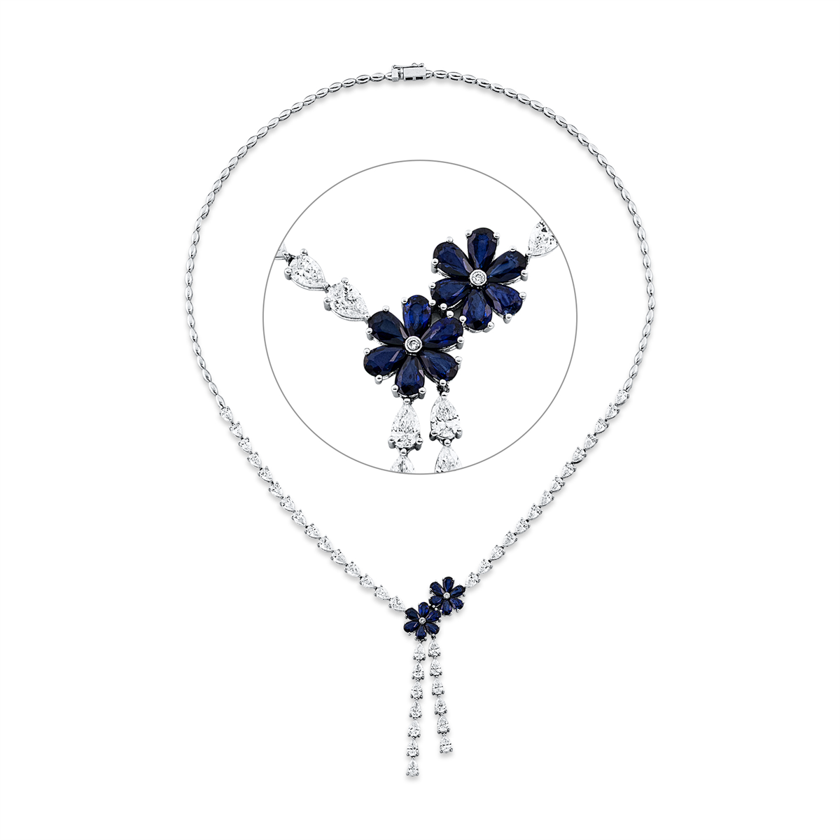 diamond full cut sapphire colored stone classic necklace in white gold