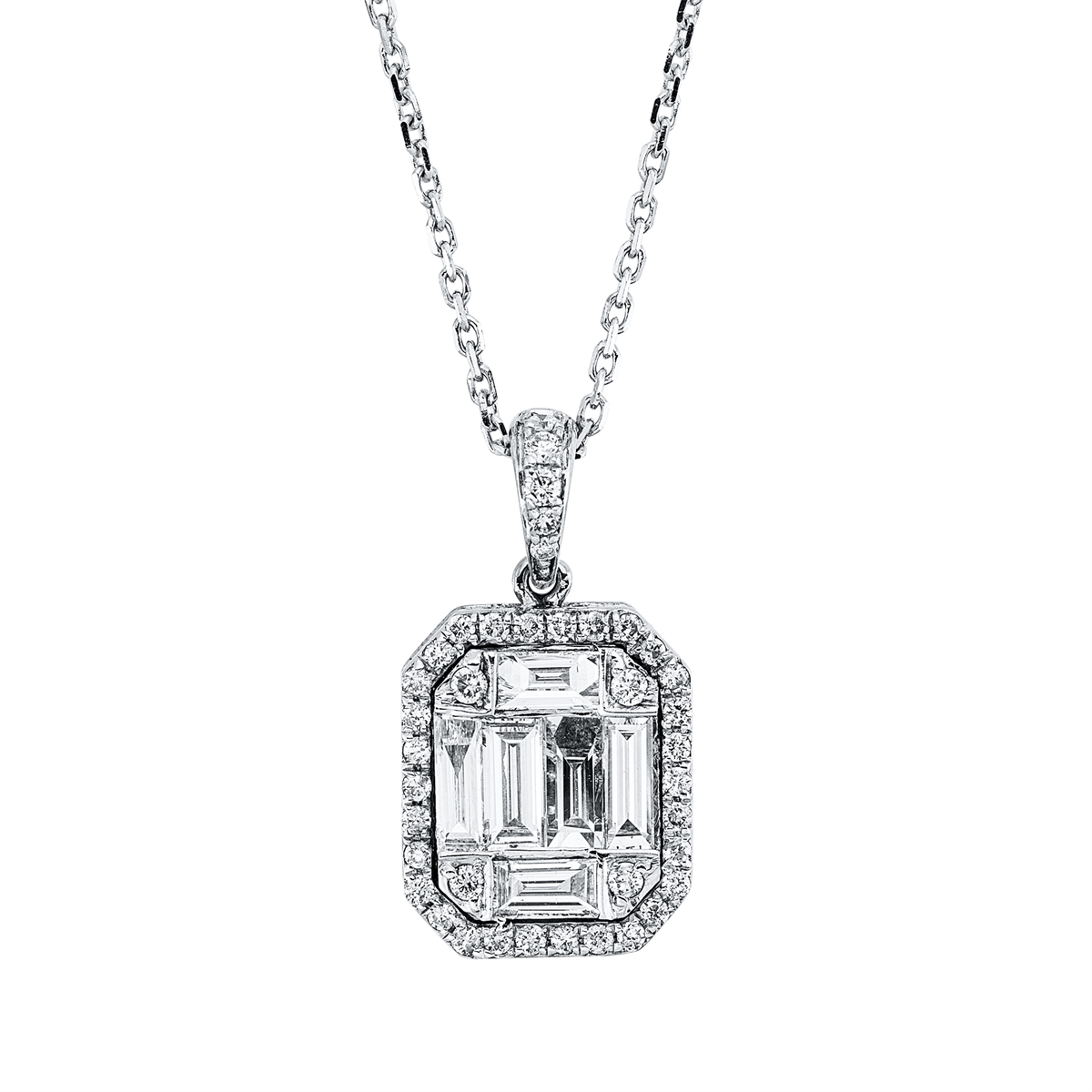 diamond full cut baguette illusion necklace in white gold