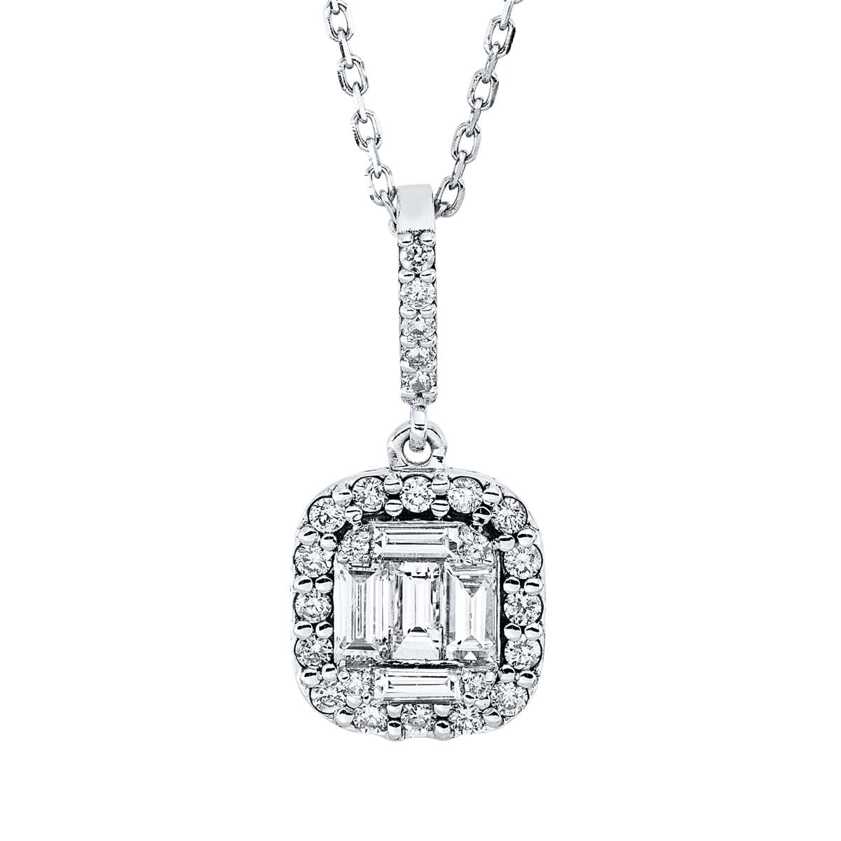 diamond full cut baguette illusion necklace in white gold