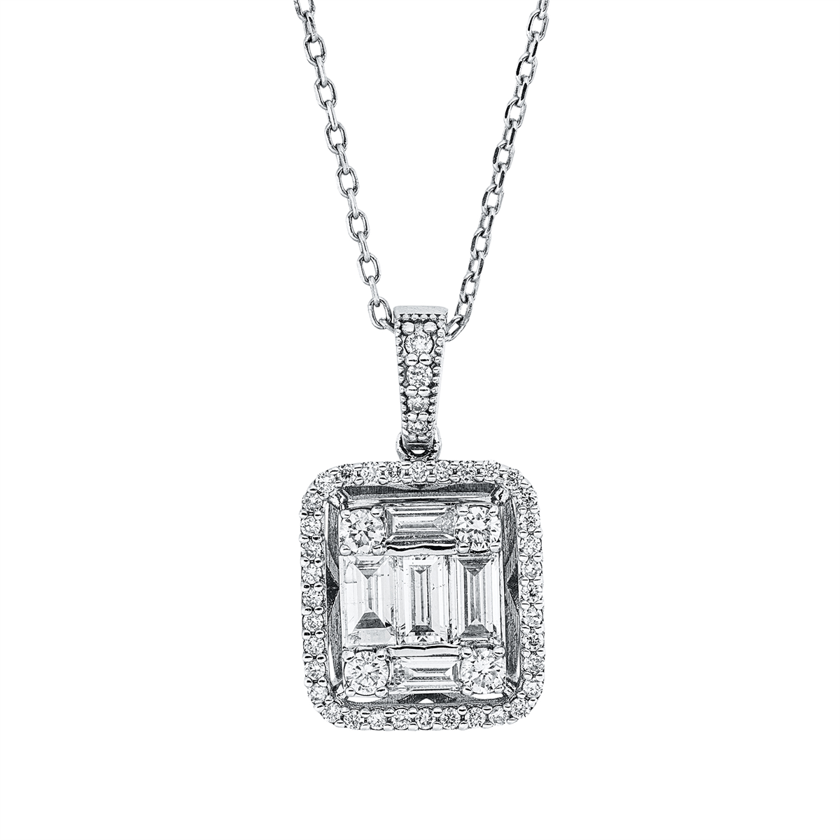 diamond full cut baguette illusion necklace in white gold