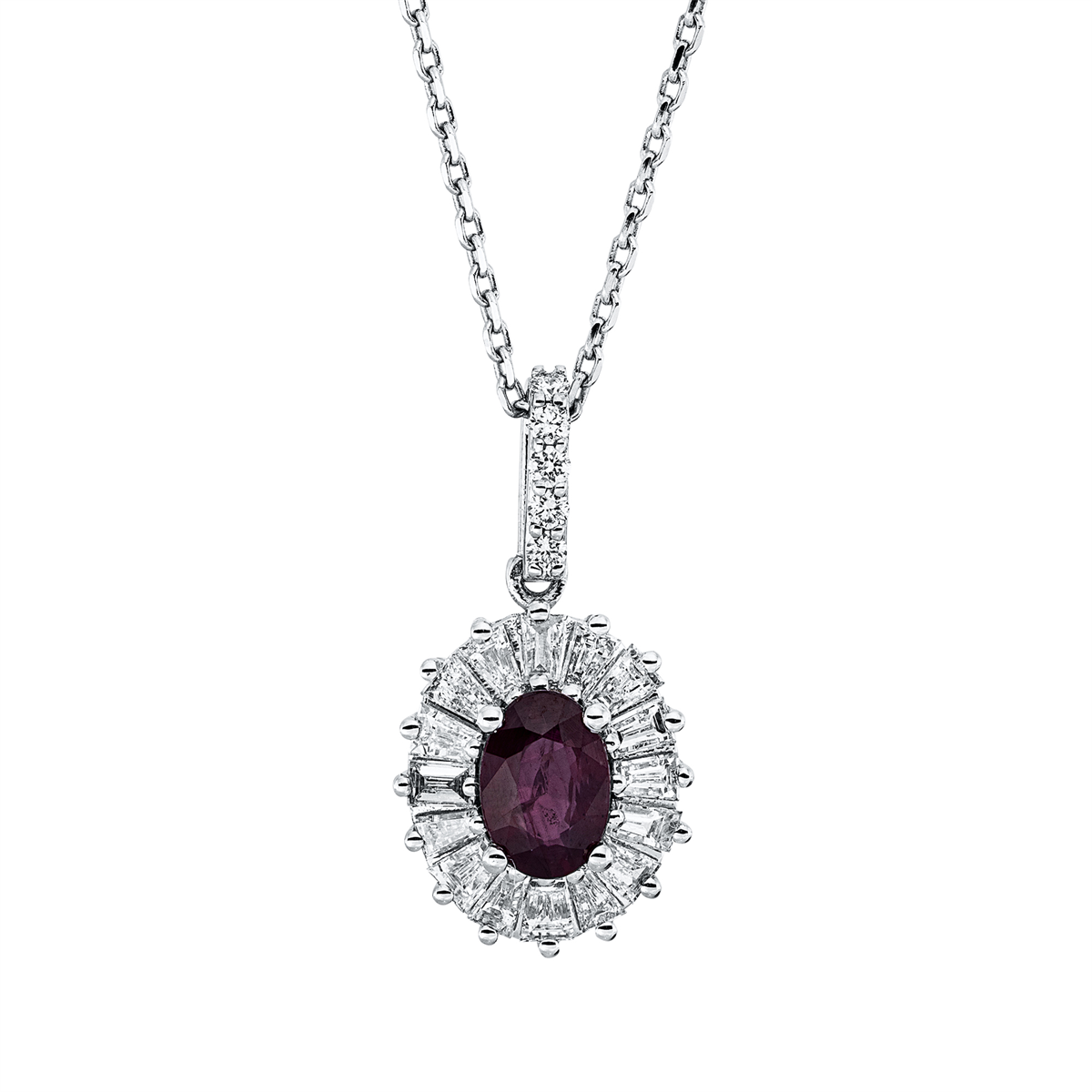 diamond full cut ruby colored stone classic necklace in white gold