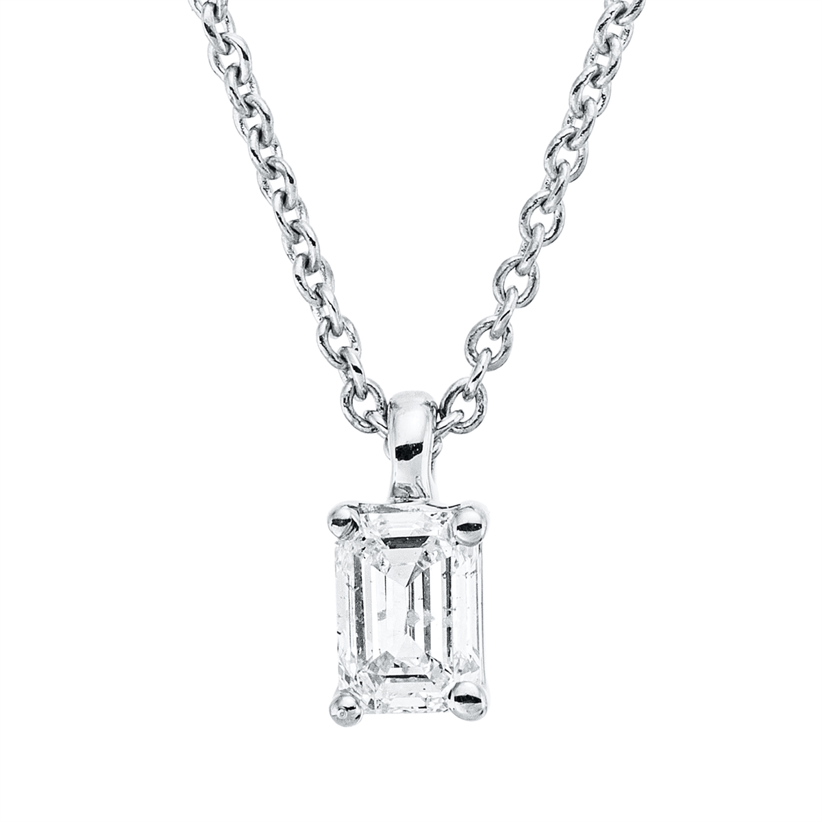 emerald cut solitaire necklace in white gold