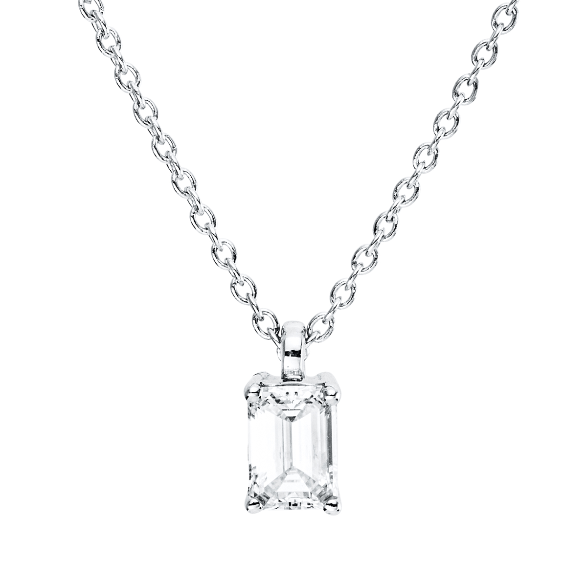 emerald cut solitaire necklace in white gold