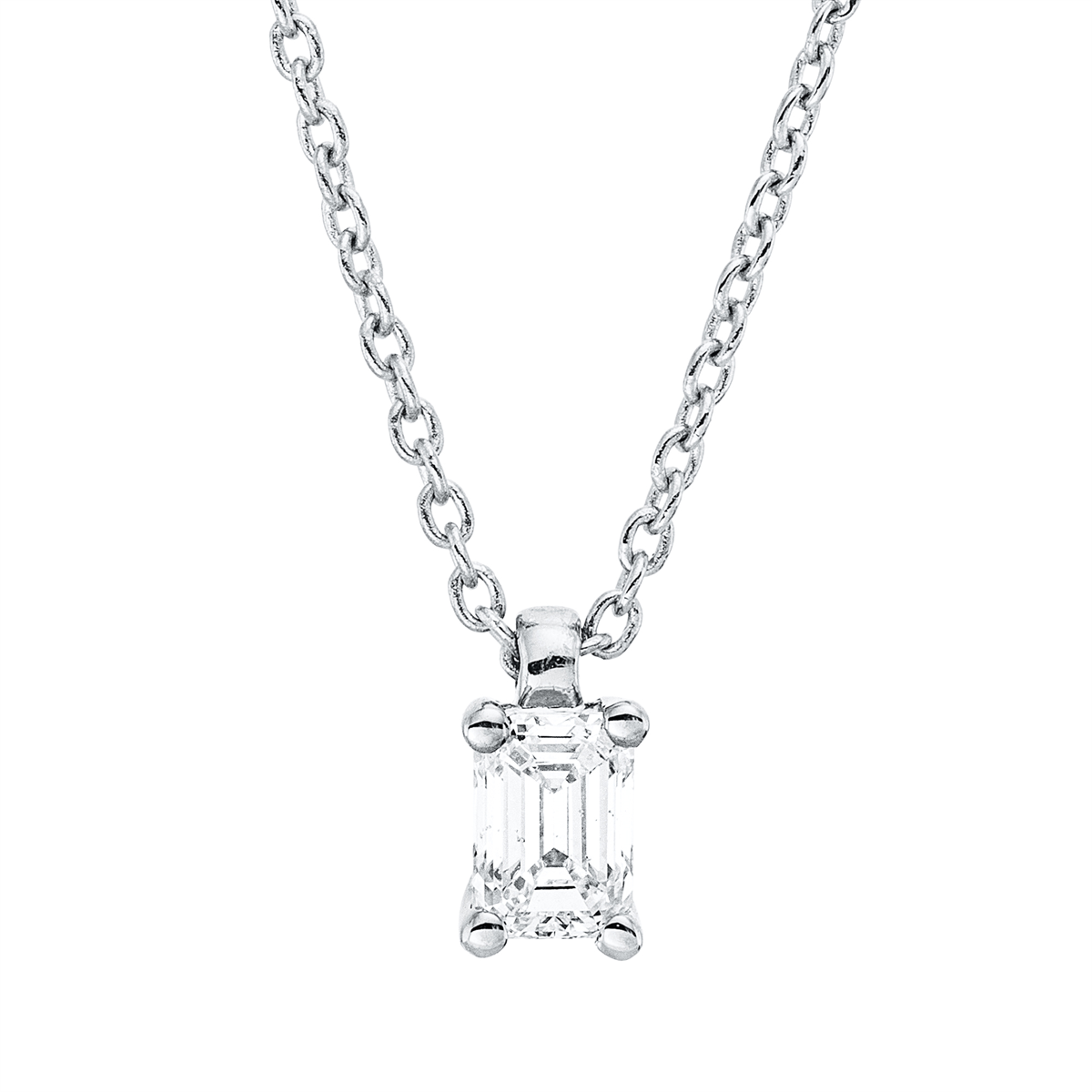 emerald cut solitaire necklace in white gold
