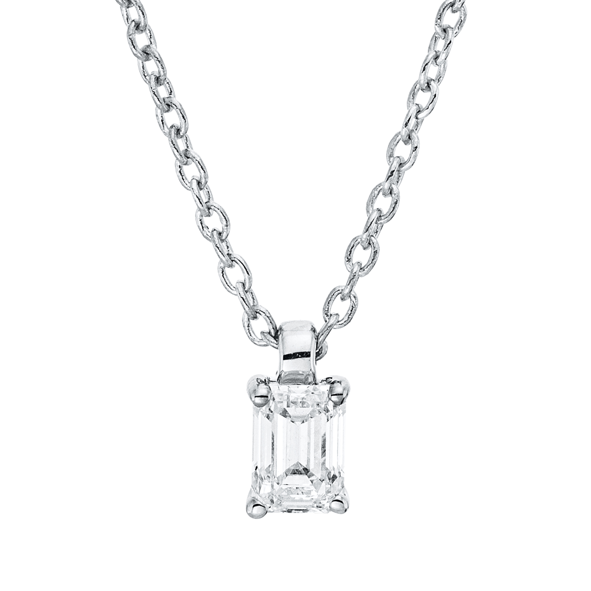 emerald cut solitaire necklace in white gold