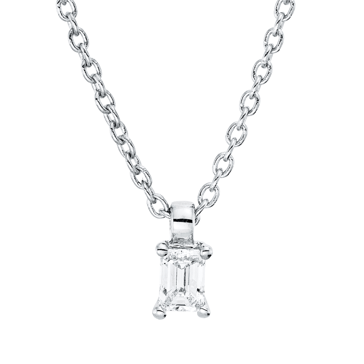 emerald cut solitaire necklace in white gold
