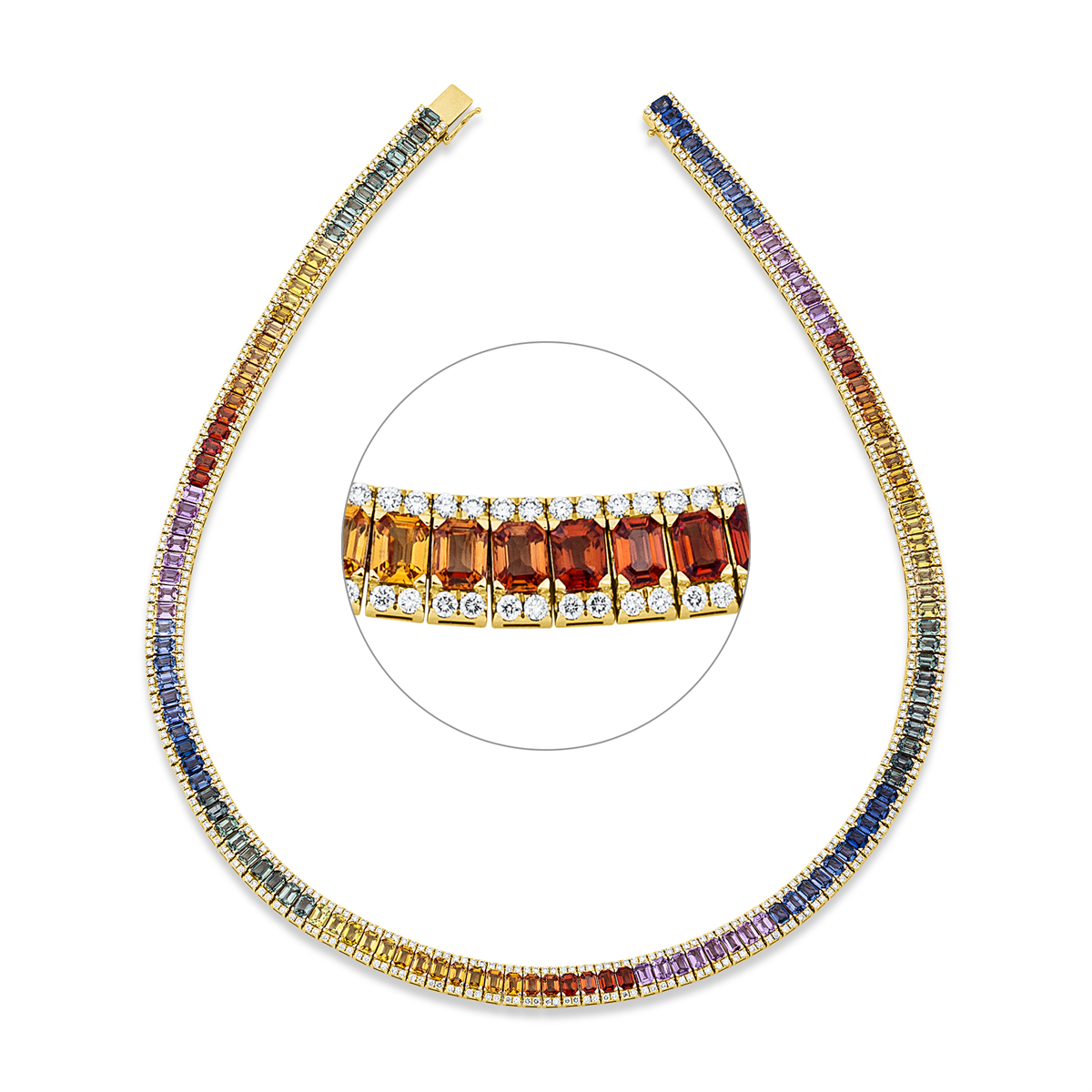 diamond full cut sapphire rainbow & multicolor necklace in yellow gold