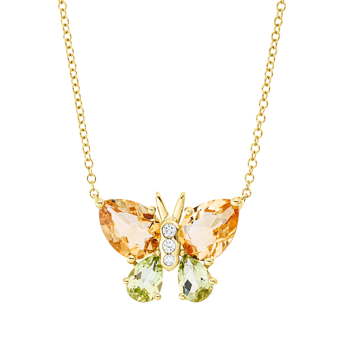 diamond full cut peridot animal necklace in yellow gold