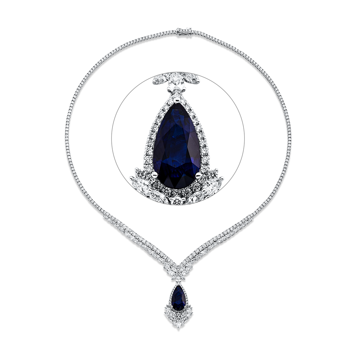 diamond full cut sapphire colored stone classic necklace in white gold